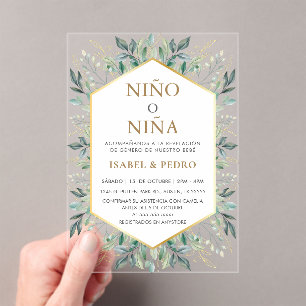 Elegant Gold Greenery Frame Spanish Gender Reveal Acrylic Invitations