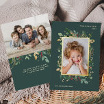 Elegant Gold Greenery | Green with Two Photos Foil Holiday Card<br><div class="desc">These beautiful holiday photo cards say "Peace on Earth" in modern text and feature two of your favorite personal photos. Elegant, modern watercolor greenery with leaves, red berries, and a gold foil center frame decorate a dark, green background. There is a room for a short personal message on the back....</div>