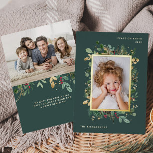 Elegant Gold Greenery   Green with Two Photos Foil Holiday Card