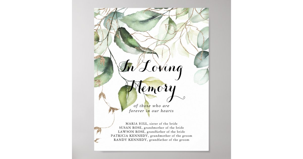 Elegant Gold Greenery In Loving Memory Sign | Zazzle