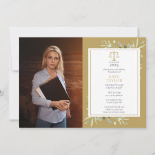 Elegant Gold Greenery Law School Graduation Photo Invitation