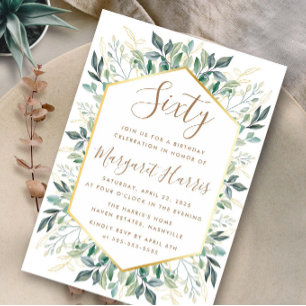 Elegant Gold Greenery Leaves 60th Sixty Birthday Invitation