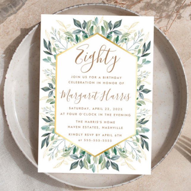 Elegant Gold Greenery Leaves 80th Eighty Birthday Invitation (Creator Uploaded)