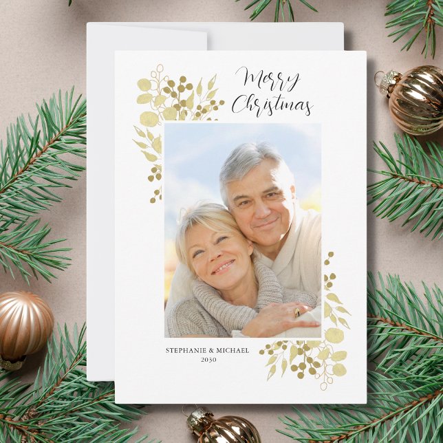 Elegant Gold Greenery Merry Christmas Photo (Creator Uploaded)