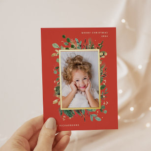 Elegant Gold Greenery   Red with Photo Foil Holiday Postcard