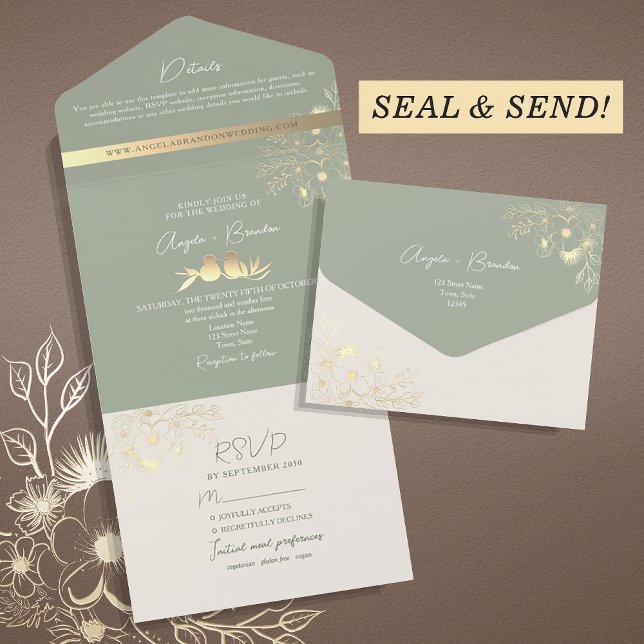 Elegant Gold Greenery Sage Wedding All In One Invitation (Creator Uploaded)