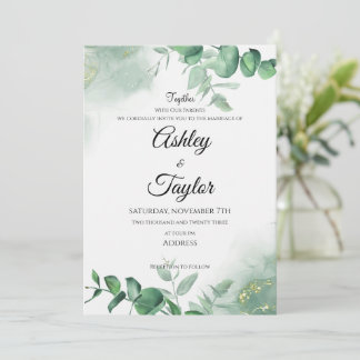 Elegant Gold & Greenery Watercolor Wedding Invitation