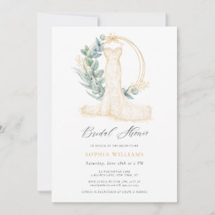 Elegant Gold Greenery Wedding Dress Bridal Shower Invitation