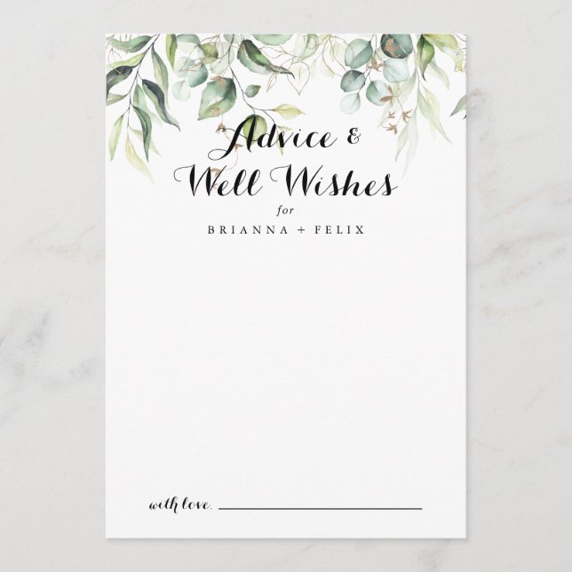 Elegant Gold Greenery Wedding Well Wishes Advice Card (Front)
