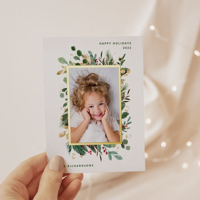 Elegant Gold Greenery | White with Photo Foil Holiday Postcard (Creator Uploaded)