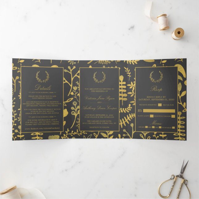 Elegant Gold & Grey Floral Wreath Wedding Suite Tri-Fold Invitation (Inside)