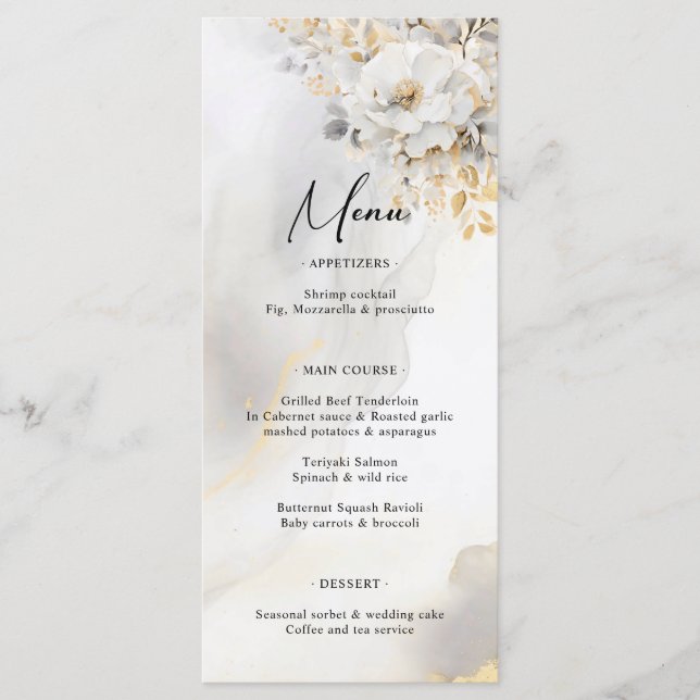 Elegant Gold Grey Gold Floral Wedding MENU (Front)