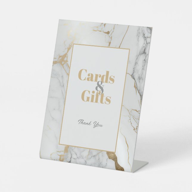 Elegant Gold Grey Marble Cards and Gifts Pedestal Sign (Front)