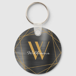 Elegant Gold Grey Monogram Name Script Geometric Key Ring