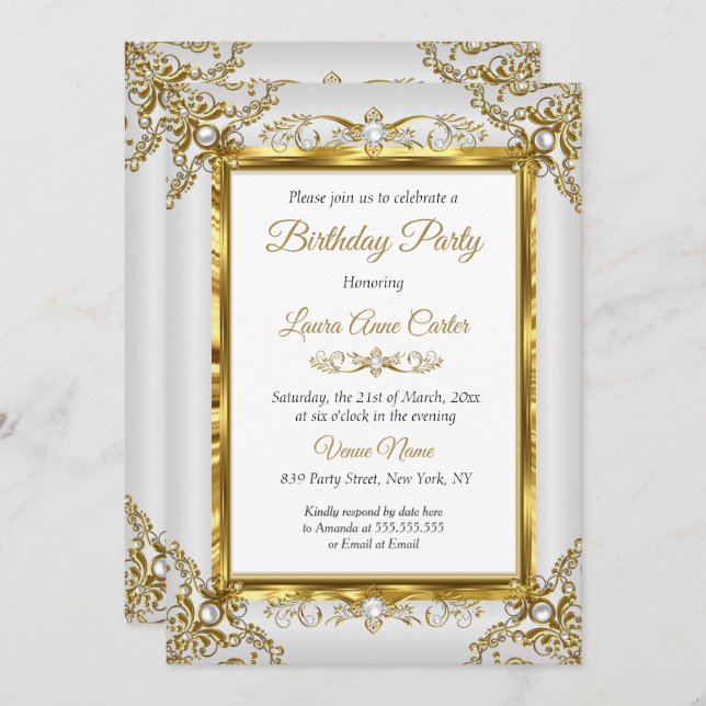 Elegant Gold Grey Pearl Photo Birthday Party Invitation (Front/Back)
