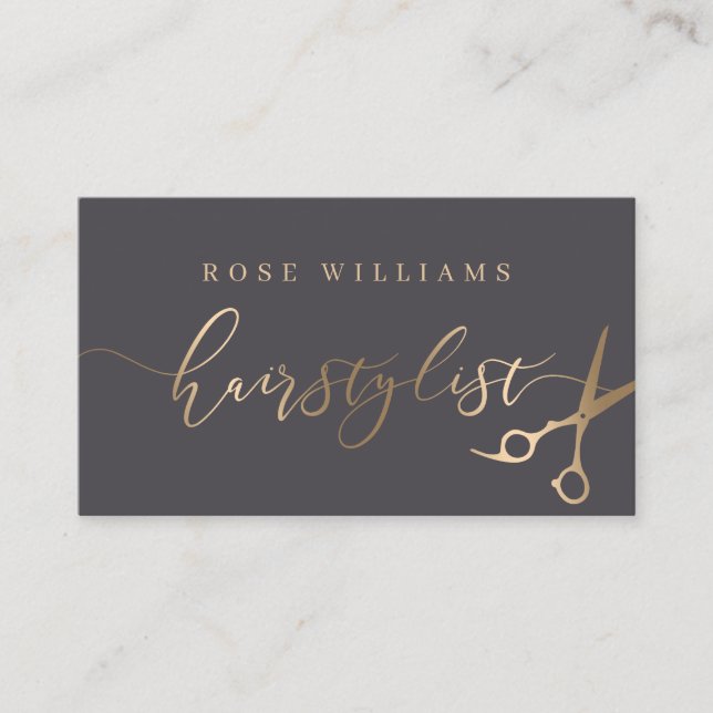 Elegant gold & grey scissors hairstylist business card (Front)