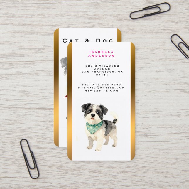 Elegant Gold Grooming Dog Personalised Collection Business Card (Front/Back In Situ)