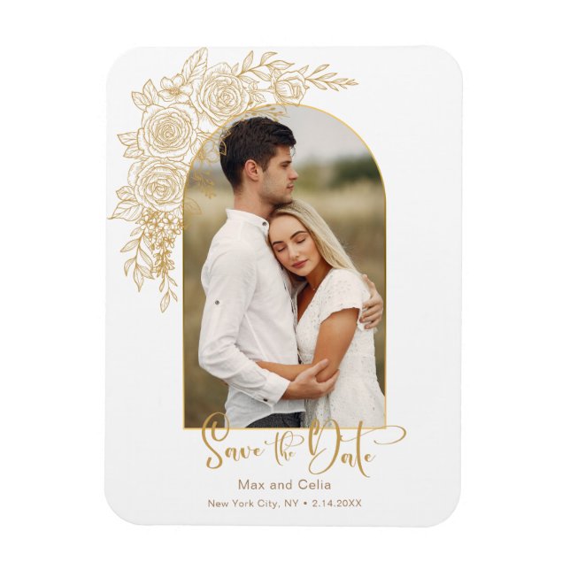 Elegant Gold Hand Drawn Rose Photo Save the Date Magnet (Vertical)