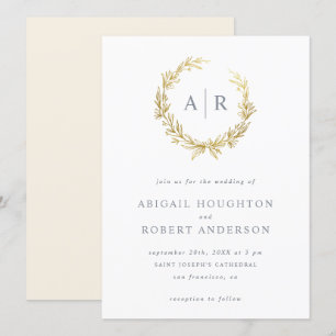 Elegant Gold Hand-drawn Wreath Initials Wedding Invitation