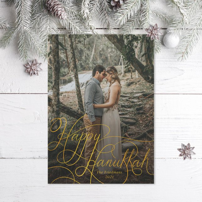 Elegant Gold Hand Lettered Happy Hanukkah Photo Holiday Card (Creator Uploaded)