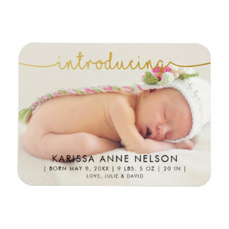 elegant gold hand lettering photo birth announce magnet