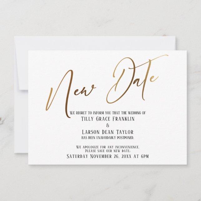 Elegant Gold Handwriting New Date Announcement (Front)