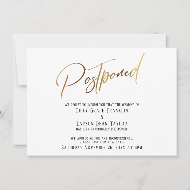 Elegant Gold Handwriting Postponed Wedding Card (Front)