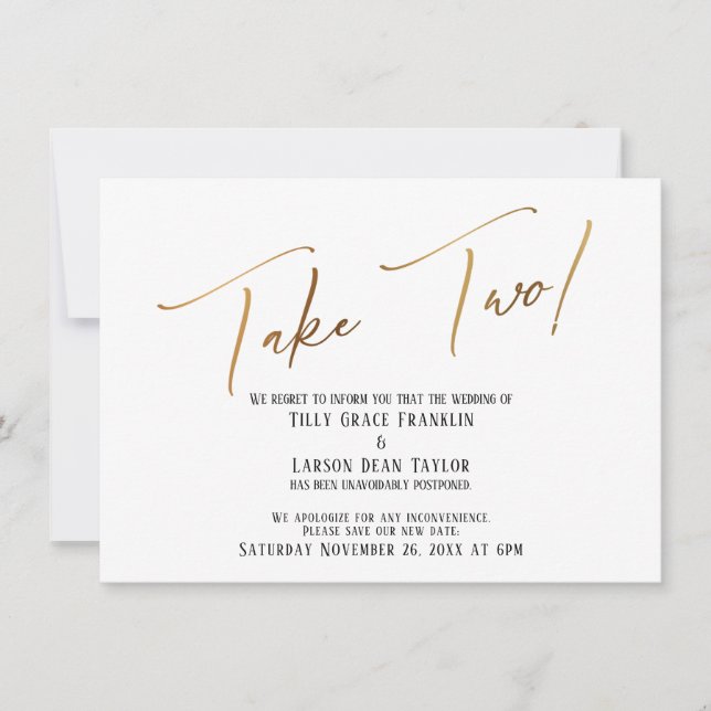 Elegant Gold Handwriting Take Two Wedding Delay Invitation (Front)