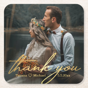 Elegant Gold Handwriting Wedding Photo Thank You Square Paper Coaster