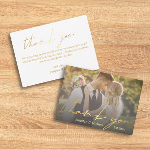 elegant gold handwritten wedding photo thank you card