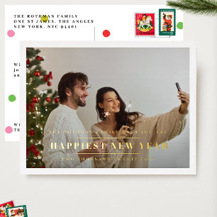Elegant Gold HAPPIEST NEW YEARS 2026 Photo Frame Foil Holiday Postcard