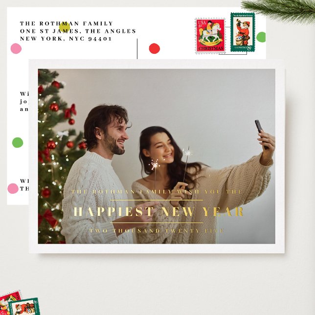 Elegant Gold HAPPIEST NEW YEARS 2026 Photo Frame Foil Holiday Postcard (Creator Uploaded)