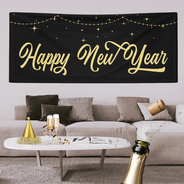 Elegant Gold Happy New Year Banner (Happy New Year Banner. Celebrate the New Year with a party, Photo Backdrop. Gold Black Elegant)