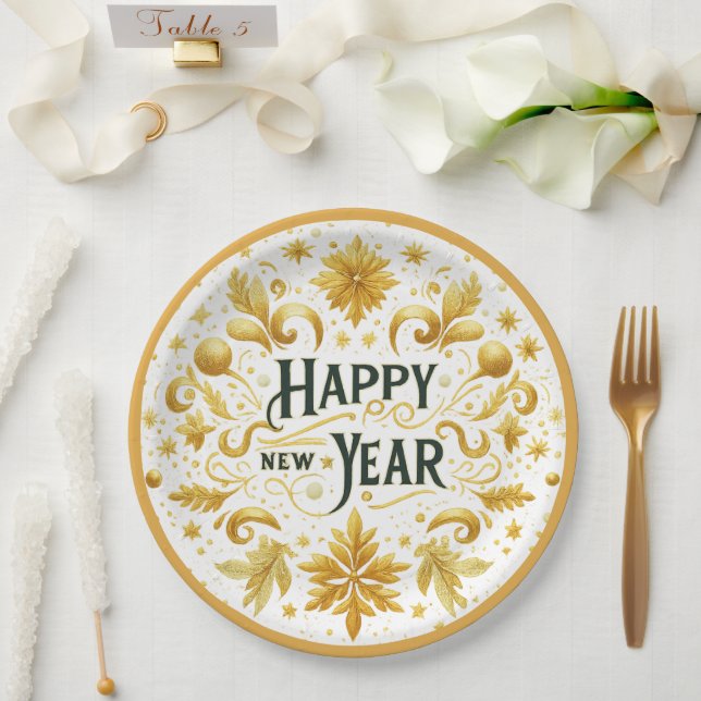 Elegant Gold Happy New Year  Paper Plate (Wedding)
