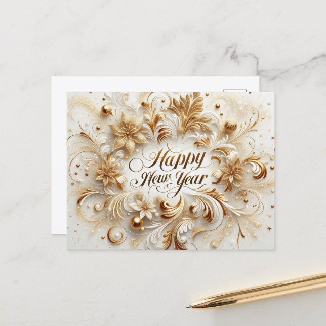 Elegant Gold Happy New Year  Postcard (Front/Back In Situ)