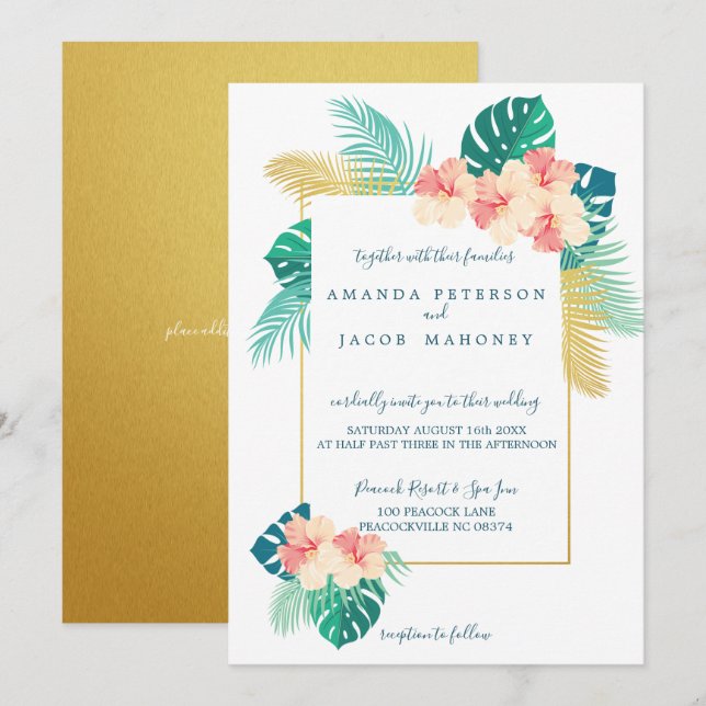 Elegant Gold Hawaiian Hibiscus Wedding Invitations (Front/Back)