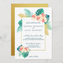 Elegant Gold Hawaiian Hibiscus Wedding Invitations
