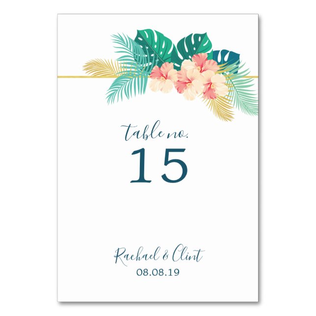 Elegant Gold Hawaiian Hibiscus Wedding Table Cards (Front)