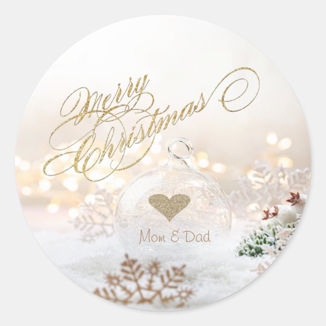 Elegant Gold Heart, Christmas Ball White Classic Round Sticker (Front)