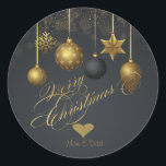 Elegant Gold Heart, Christmas Balls Dark Classic Round Sticker<br><div class="desc">Elegant glitter faux gold heart and Christmas balls on dark background.</div>