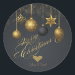 Elegant Gold Heart, Christmas Balls Dark Classic Round Sticker<br><div class="desc">Elegant glitter faux gold heart and Christmas balls on dark background.</div>