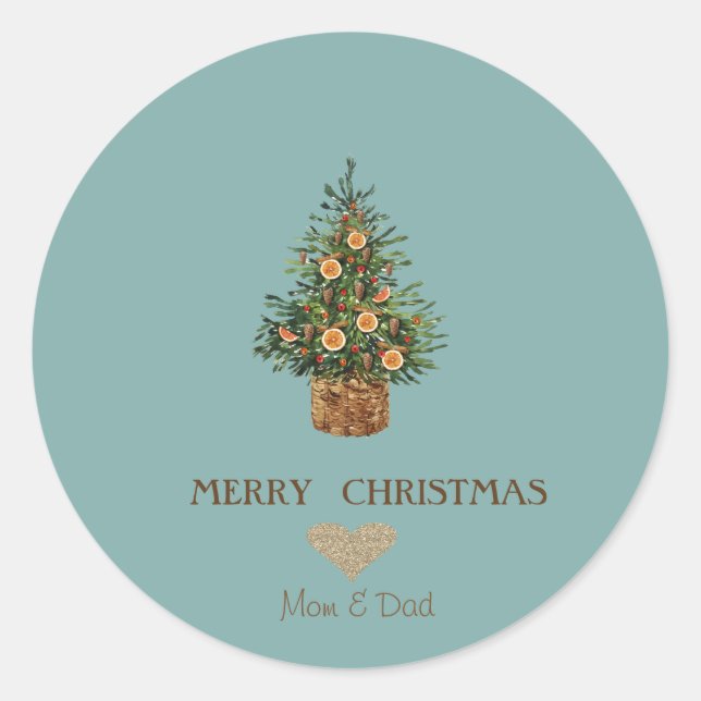 Elegant Gold Heart, Christmas Tree Orange Classic Round Sticker (Front)