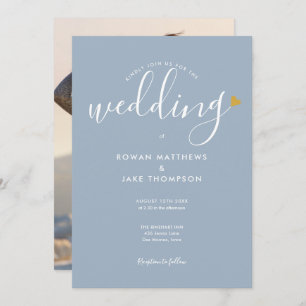 Elegant Gold Heart Dusty Blue Script Photo Wedding Invitation