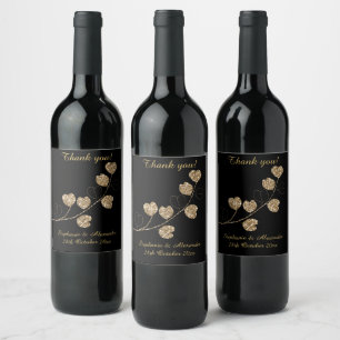 ELEGANT GOLD HEART EUCALYPTUS BLACK CUSTOMIZABLE WINE LABEL