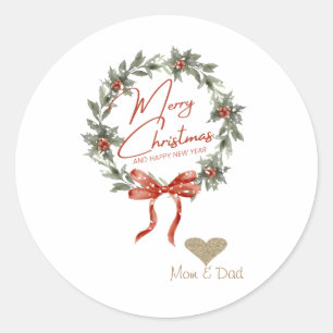 Elegant Gold Heart Holly Wreath Classic Round Sticker