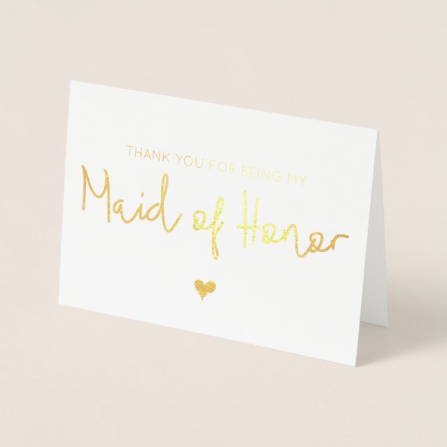 Elegant Gold Heart Maid of Honour Thank You Card (Front)
