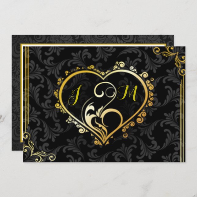 Elegant Gold Heart Monogram Wedding Invitation (Front/Back)