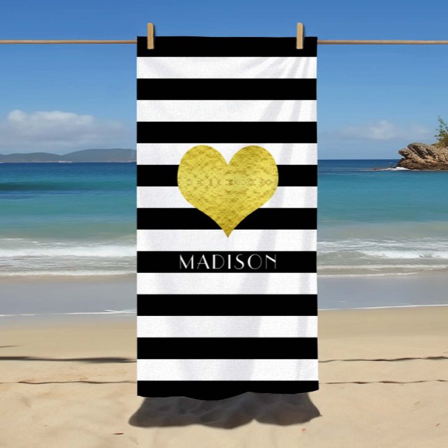 Elegant Gold Heart Name Black And White Stripes Beach Towel (Custom Name Elegant Gold Heart Name Black And White Stripes Beach Towel.)