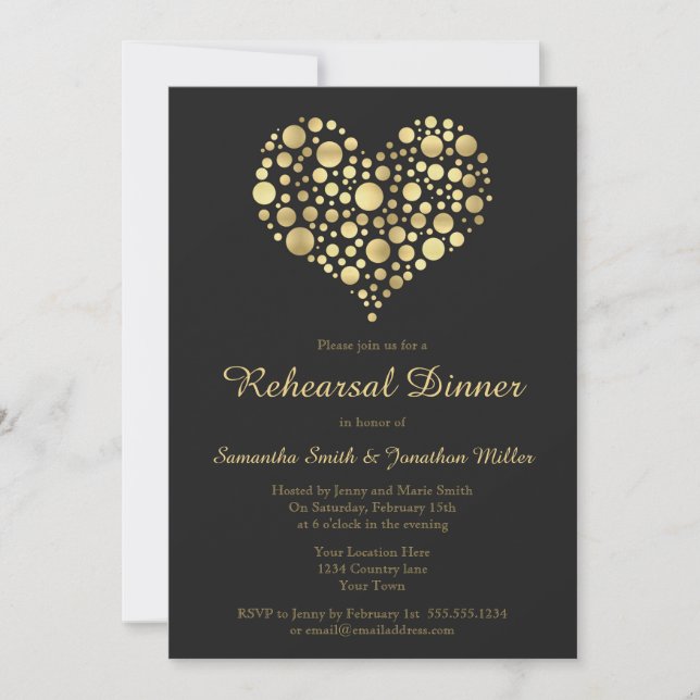 Elegant Gold Heart on Dusty Black Rehearsal Dinner Invitation (Front)