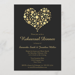 Elegant Gold Heart on Dusty Black Rehearsal Dinner Invitation